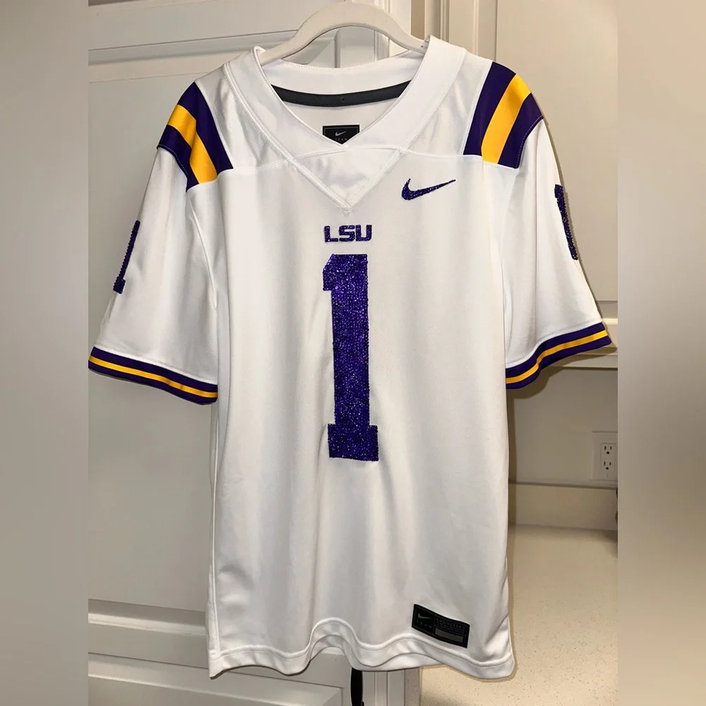 Rhinestone Bedazzled LSU football Nike white jersey